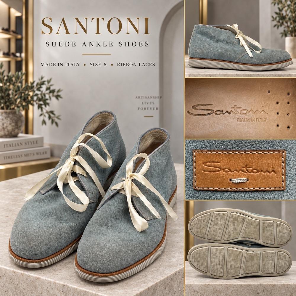 Santoni Mens Suede Chukka Boots Light Blue Ribbon Lace Made in Italy Size 6